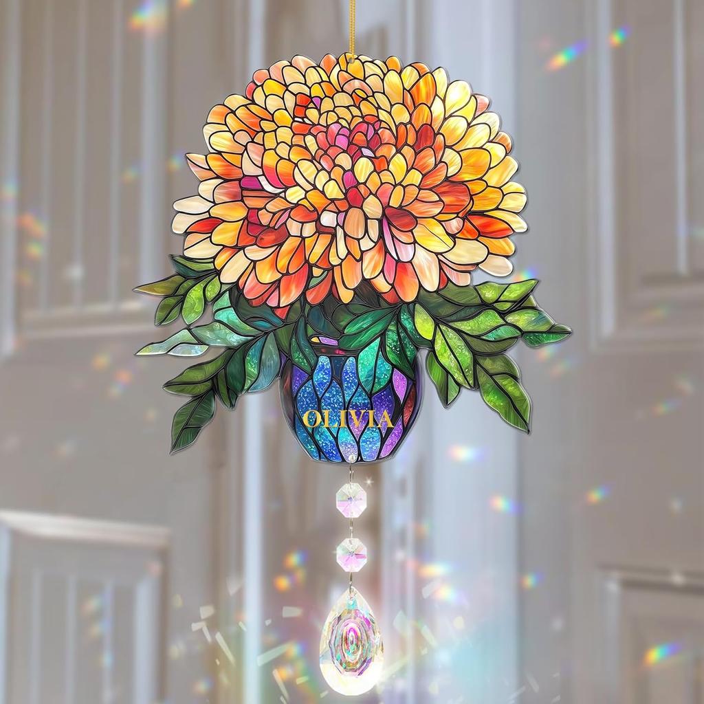 Rose Suncatcher - Birth Flower Gifts for Women, Birth Flower with Name Suncatcher Ornament with Crystal, for Mom, Grandma