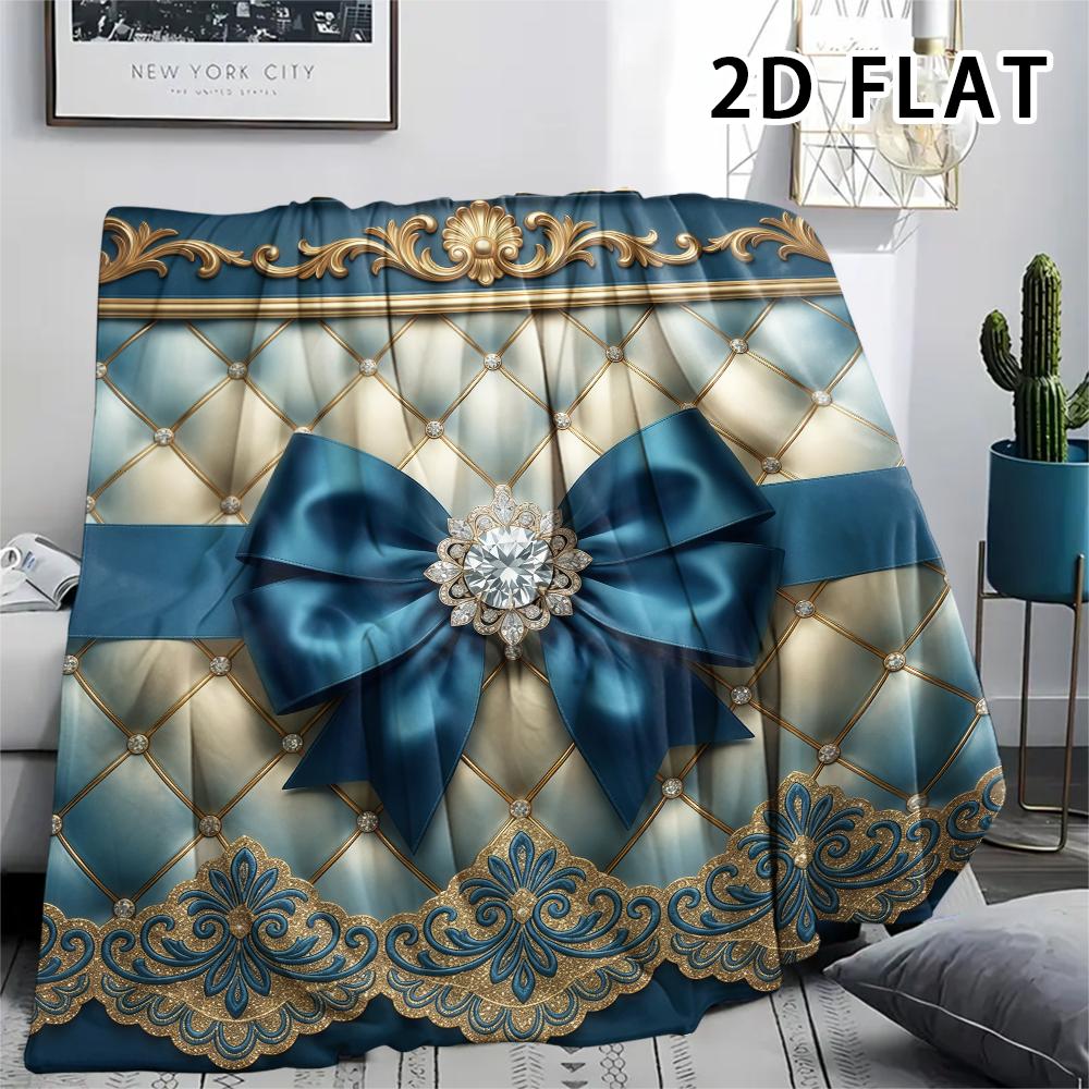 1Pc 2D FLAT Baroque Gold Blue Print Flannel Blanket,High quality Comfortable for All Seasons,Home Decor,Warmth and Comfort,Perfect for Christmas Gifts
