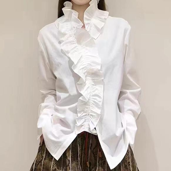 Elegant French-inspired Ruffled Stand-Collar Shirt: Detachable, Loose-Fit, Slimming, Mid-Length, Perfect for Commuting