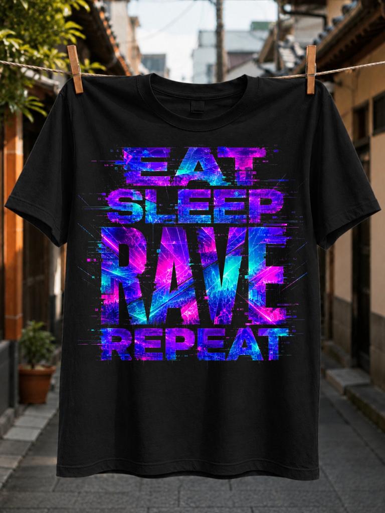 Glitch Neon Eat Sp Rave Repeat Typography In Electric Purple Blue And Pink Vibrant Celebration Unisex All TShirt