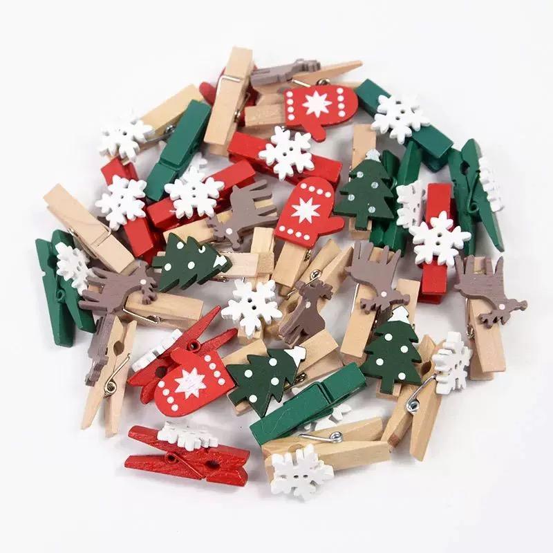

30pcs/set Christmas Wooden Photo Clips Pendant Elk Gloves Snowflake Clothespins DIY Photo Pegs for Christmas Tree Decor 30pcs