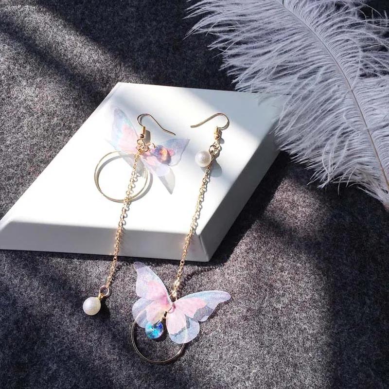 New Fashion Korea Retro Asymmetrical Butterfly Imitation Pearl Alloy Long Wings Women Earrings Gift 2025