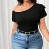 Women Black Asymmetric Off Shoulder Ruffle Short Sleeve Casual Top