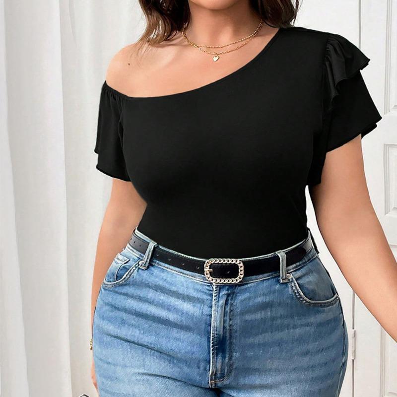 Women Black Asymmetric Off Shoulder Ruffle Short Sleeve Casual Top