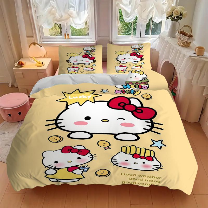 3pcs Lucky Hello Kitty Bedding Set Includes 1 Quilt Cover and 2 Pillowcases, Comfortable Bedding with Stylish Design for Bedroom W059