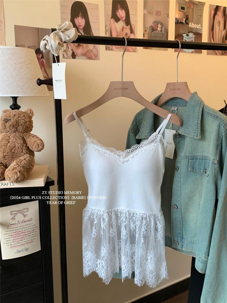 Winter 2024 Women's Lace Slip Dress - Sleeveless, Layered, Waist-Hugging with Bow