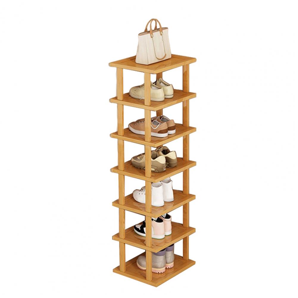 Bamboo Shoes Rack 7 Tiers Vertical Shoe Rack Wood Narrow Shoe Rack Small Shoe Organizer Corner Tall Shoes Shelf Tall Tower