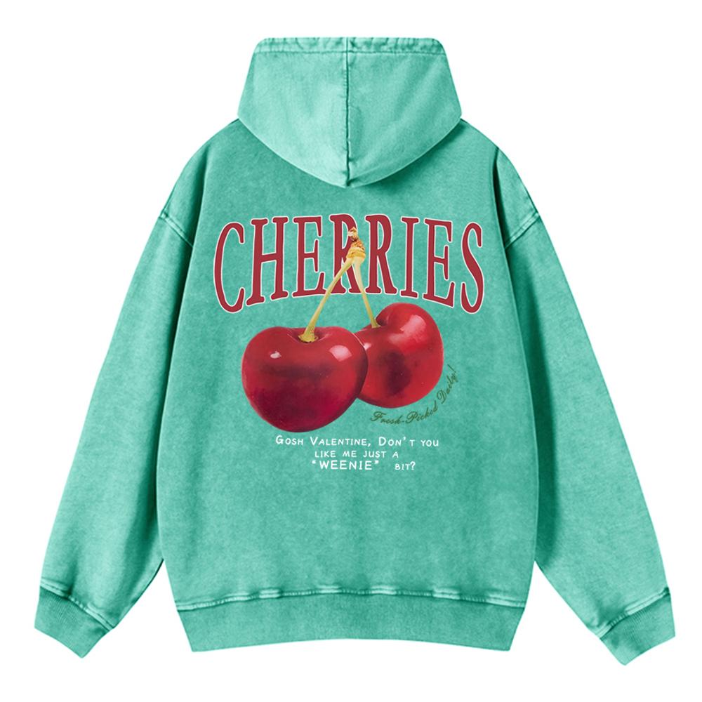 Trend Women Acid Wash Hoodies Fresh Red Cherries Prints Sweatshirts Oversize Pocket Cotton Pullovers Street Female