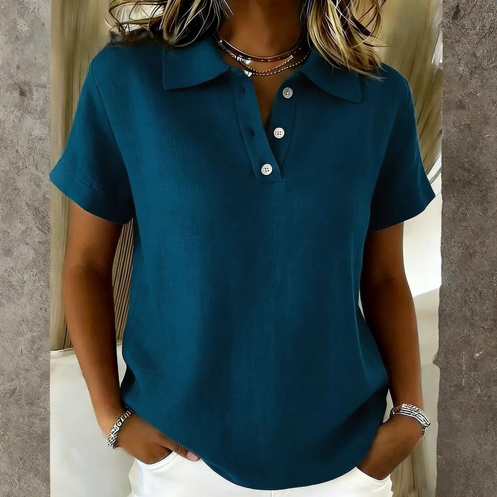 Ladies' Fashionable Casual Button Cotton Linen Short Sleeved Shirt Top