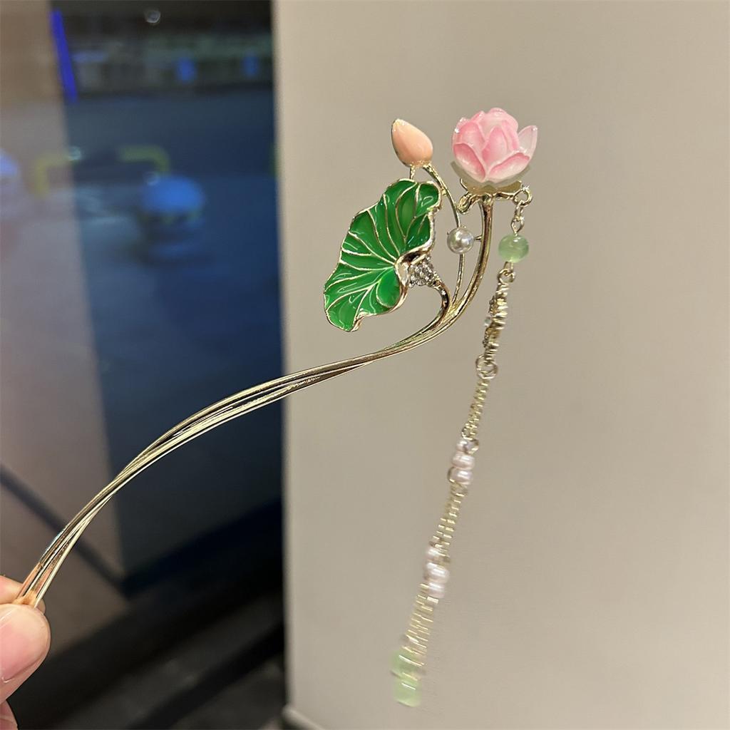 New Chinese Style Alloy Hair Sticks Forks Lotus Flower Decor Pearls Chain Pendant Hairpins Women Girls Hair Bun Maker Jewelry