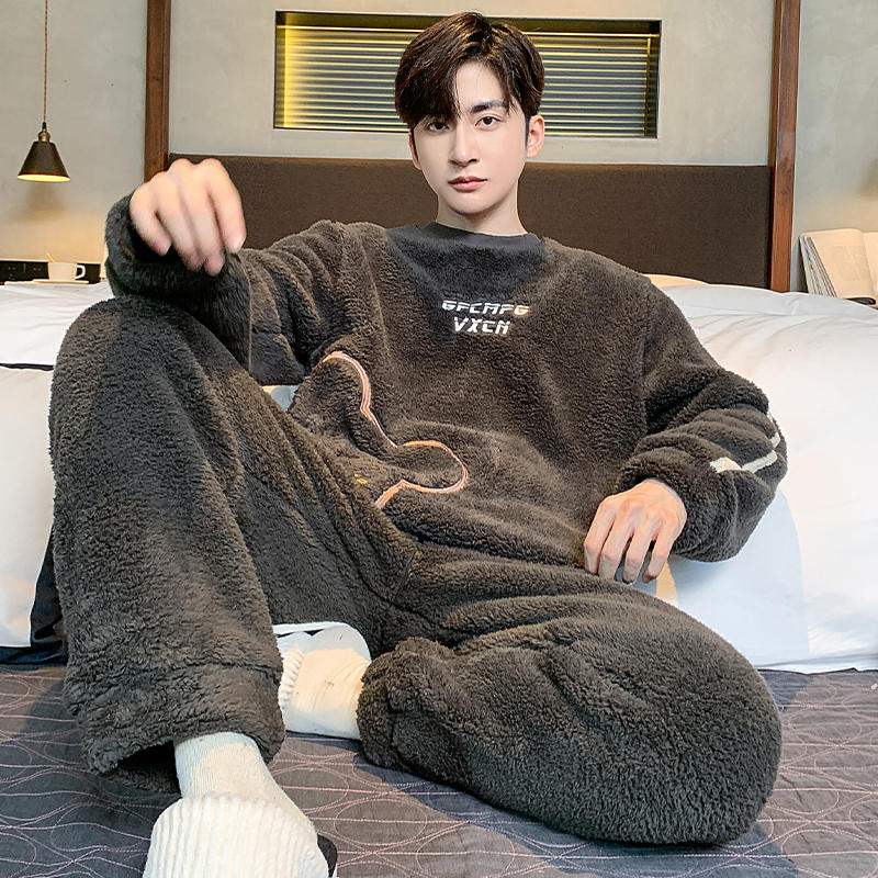Winter Men Fleece Casual Long Sleeve Pajamas Set Coral Velvet Cute Cartoon Sleepwear Plush Thicken Warm Homewear