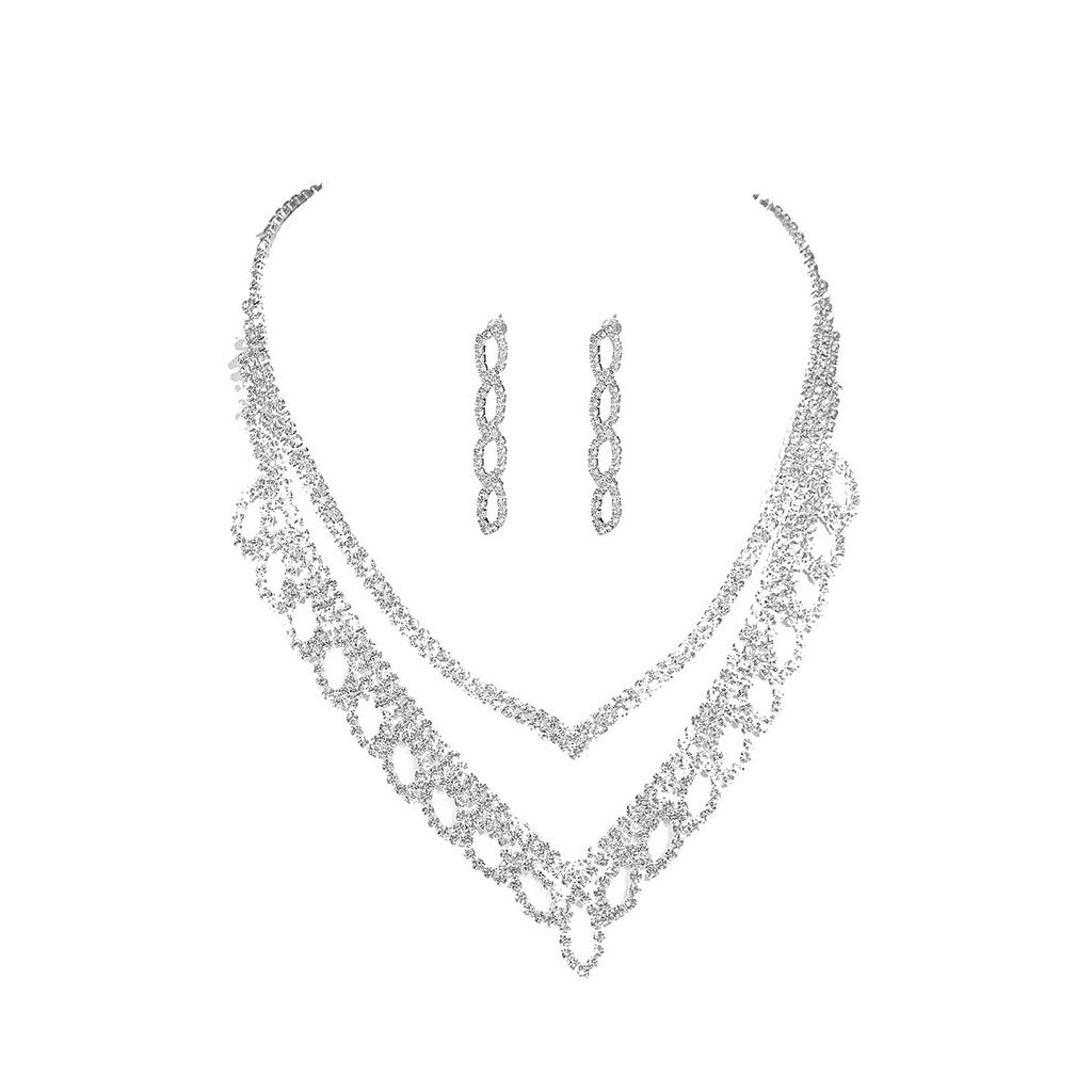 Luksusowy Błyszczący Geometryczny Design Ażurowy Diamentowy Naszyjnik Kolczyki Dwuczęściowy Zestaw Biżuteria Ślubna