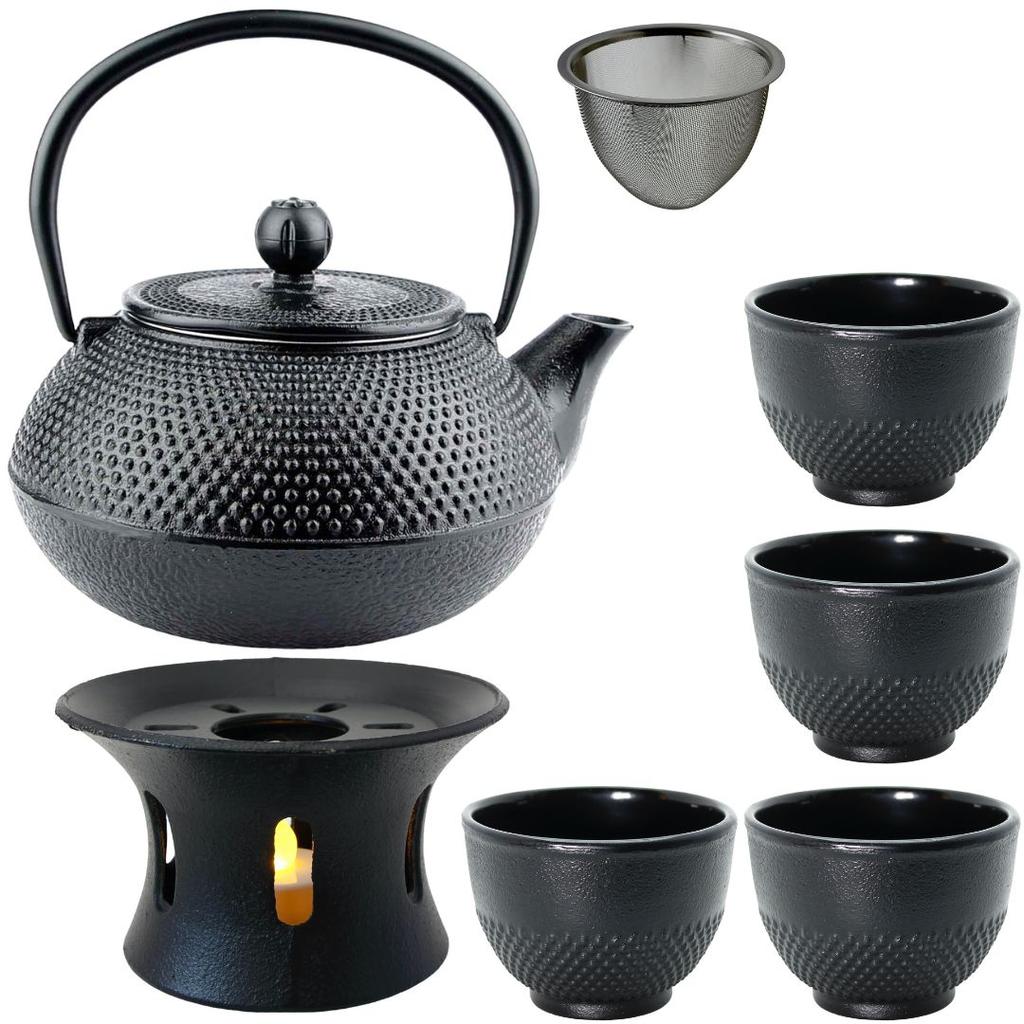 CAST IRON KETTLE 0.8L TEA POT WITH TEA INFILTER + 4x CUPS WARMER