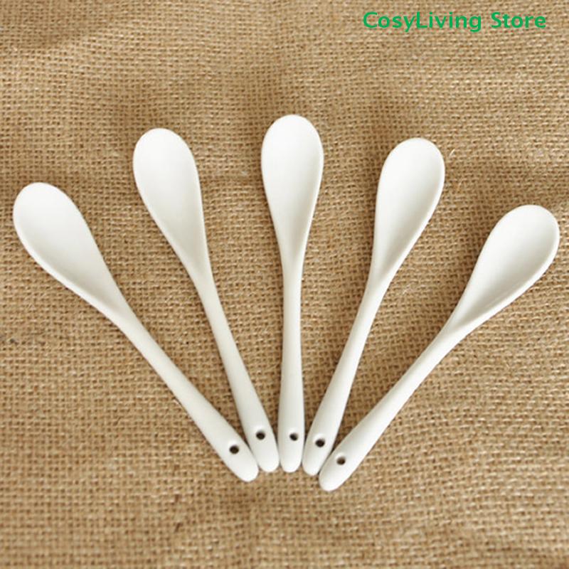 5PCS Mini Ceramic Tea Coffee Sugar Dessert Spoon Porcelain Spoons Kitchen Pure White Flatware