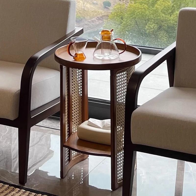 Rattan Coffee Table Circular Modern Tea Tables Living Room Storage Shelf Bedside Table Japanese Design Tables Sofas Furniture