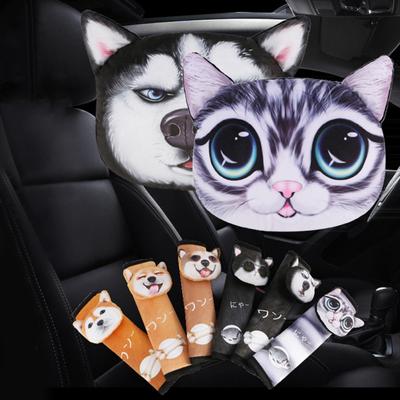 Car Headrest Pillow Seat Belts Cover Padding 3D Printed Dog Cat Face Cute Neck Rest Auto Neck Safety