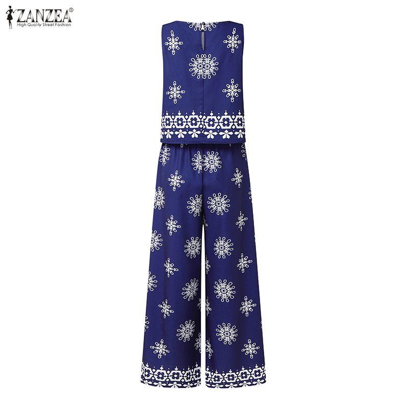 ZANZEA Two Piece Suit Women Sleeveless Print Tank Tops and Long Pants Casual Sets