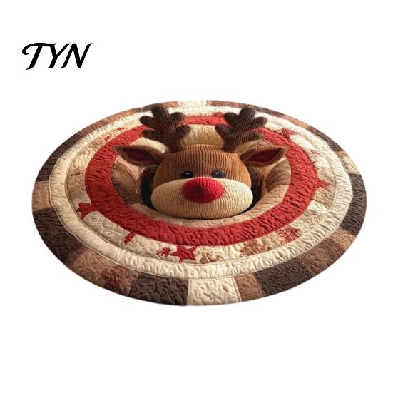 Christmas Themed Home Decor Round Rug, 3D Illusion Mat, Holiday Winter Carpet, Soft Gnome Deer Crystal Velvet Floor Mat Santa House Festive