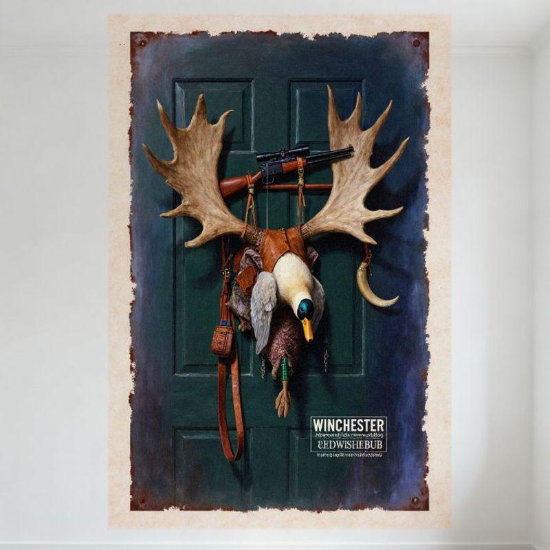 

Сюрреалистическая охота Таксидермия Лось Утка Винтовка Жестяная табличка Винтажный металлический настенный декор для бара паба дома кафе 12x16 дюймов 20x30cm（7.8x11.8inch）