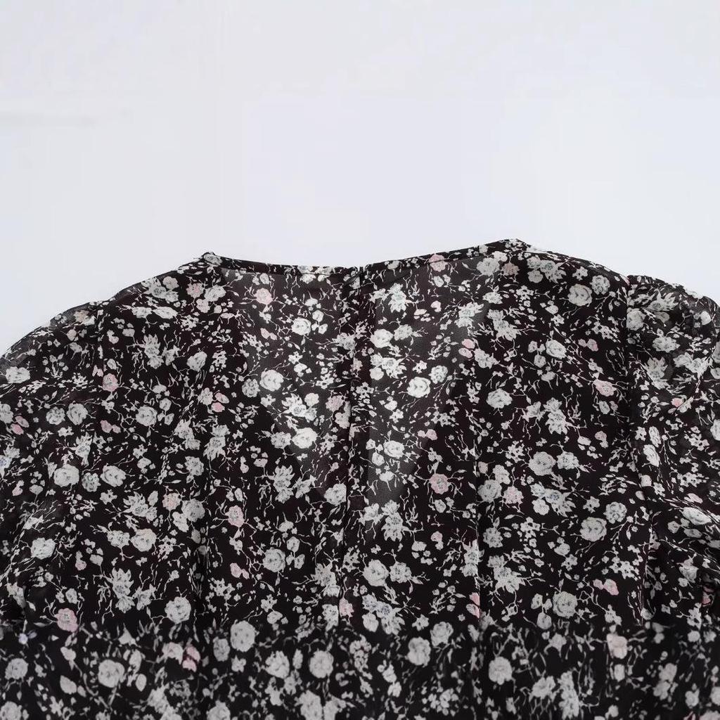 Spring 2025 Women's European & American Style V-Neck Chiffon Floral Waist-Hugging Long Dress