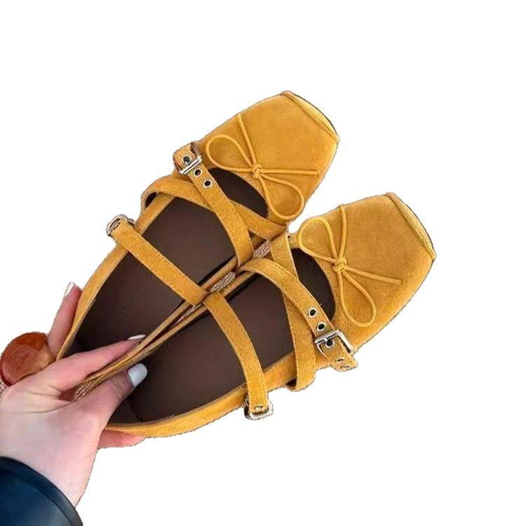 Soft Leather Version 6cm Inner Height Increase Square Head Bow Belt Buckle Shallow Mouth Mary Jane Single Shoes Women's Soft-soled Ballet Shoes