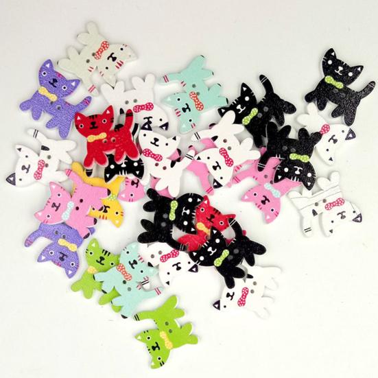 50 Pcs Mixed Color Cute Cat Kitten 2Holes Wood Sewing Buttons