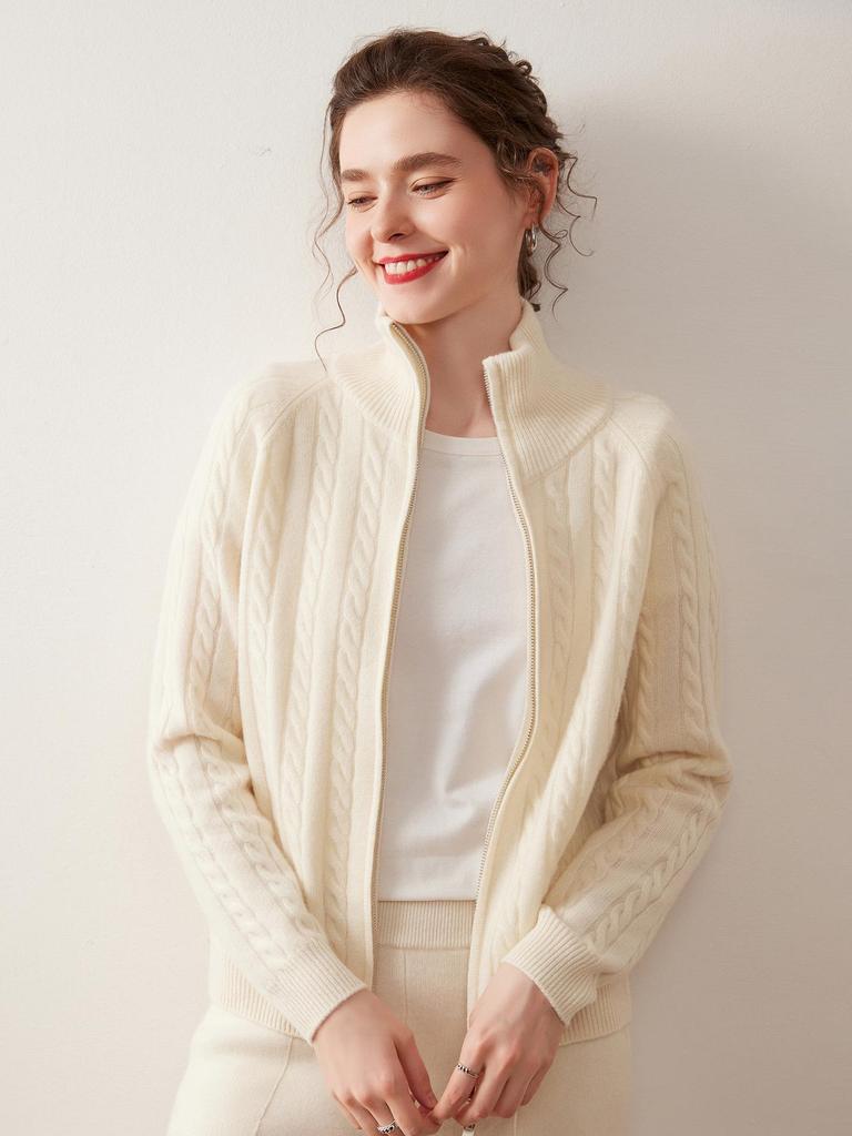 Cashmere Cable Knit Zipper Cardigan - Women's Autumn/Winter 2025, Half-High Neck, Gentle Style.