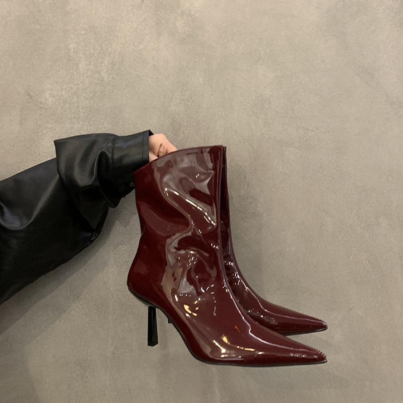 

Вечеринка в ночном клубе лакированные женские ботильоны осень-зима на высоком каблуке женские короткие с острым носком Botas De Mujer 35