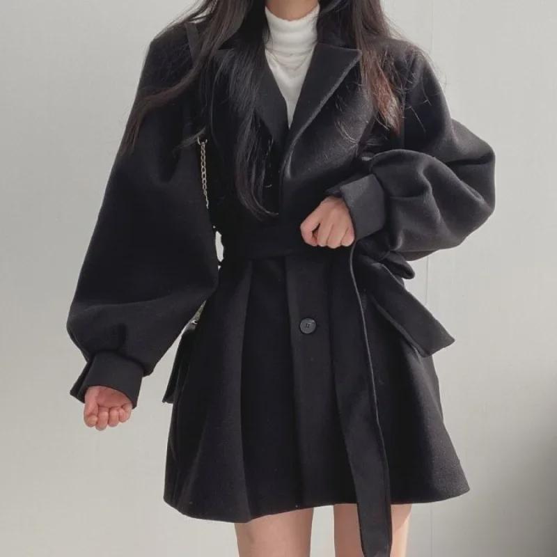 2024 Hepburn Style Medium-Long Wool Coat: Autumn/Winter, Straps, Small Suit Collar