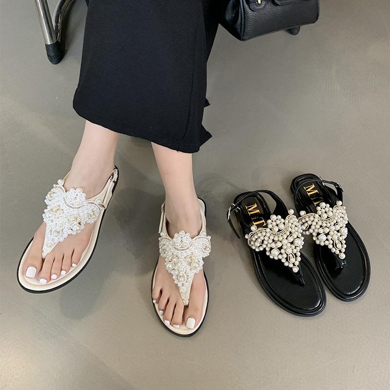 Fashion Beige Heeled Sandals Clear Shoes Slip-on Loafers Summer Women's Flip Flops Platform Soft Black Pearl Outside Elastic Band Girls