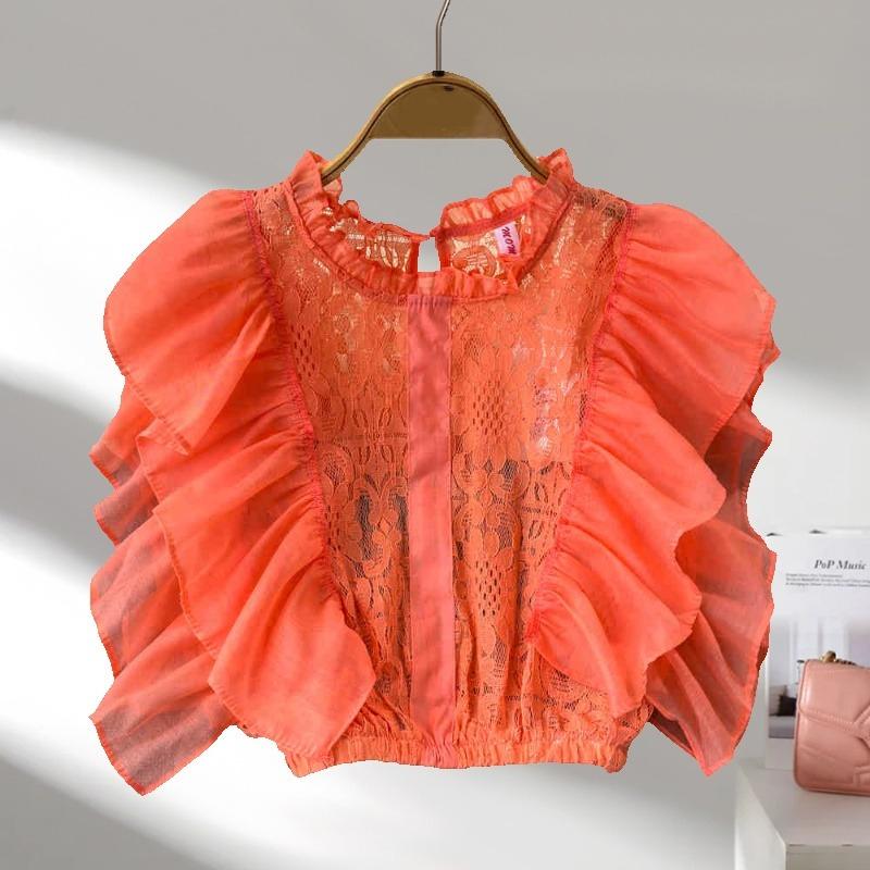 Mote Sommer Blonder Patchwork Skjorte Dame Heklet Hul Ståkrage Plissert Kortermet Bluse Elegant Casual Ensfarget Topper 3507