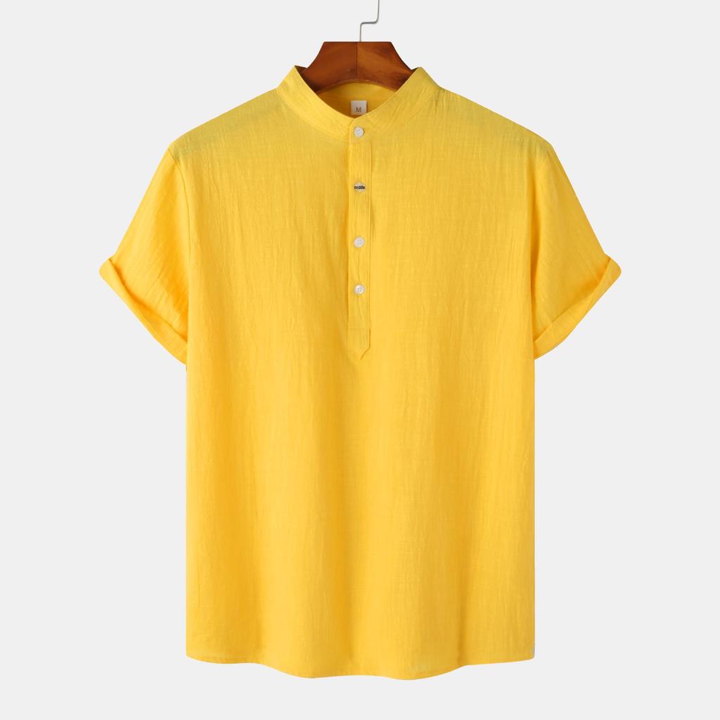 Summer 2024 Bestseller: Men's Solid Color Cotton Linen Stand Collar Short Sleeve Shirt - European & American Style