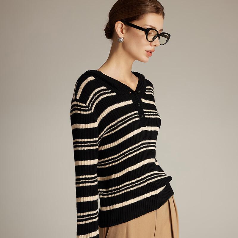 Women's Retro Color Block Ribbed Hooded Knit Sweater