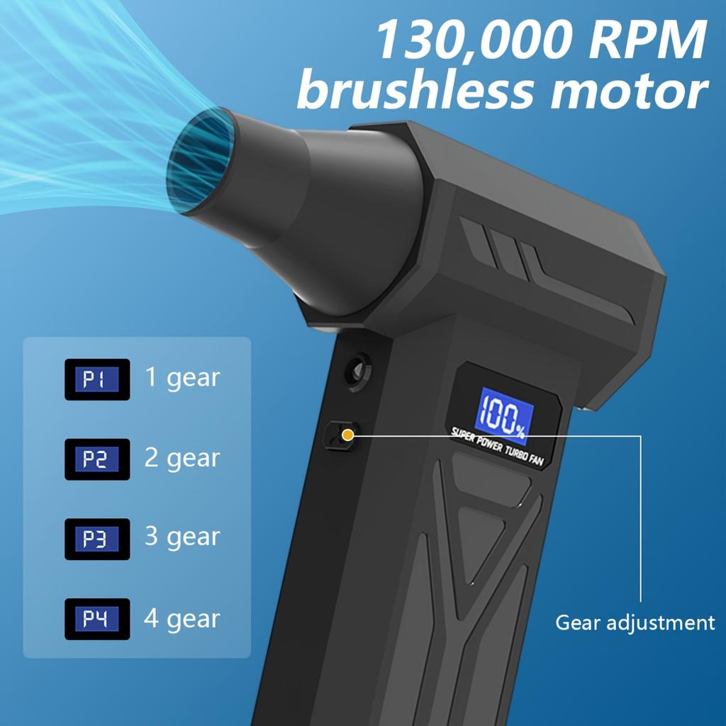 130000RPM Violent Turbo Fan, Intelligent Display Screen with 4-speed Adjustable, Includes 5 Nozzles, High-capacity Battery