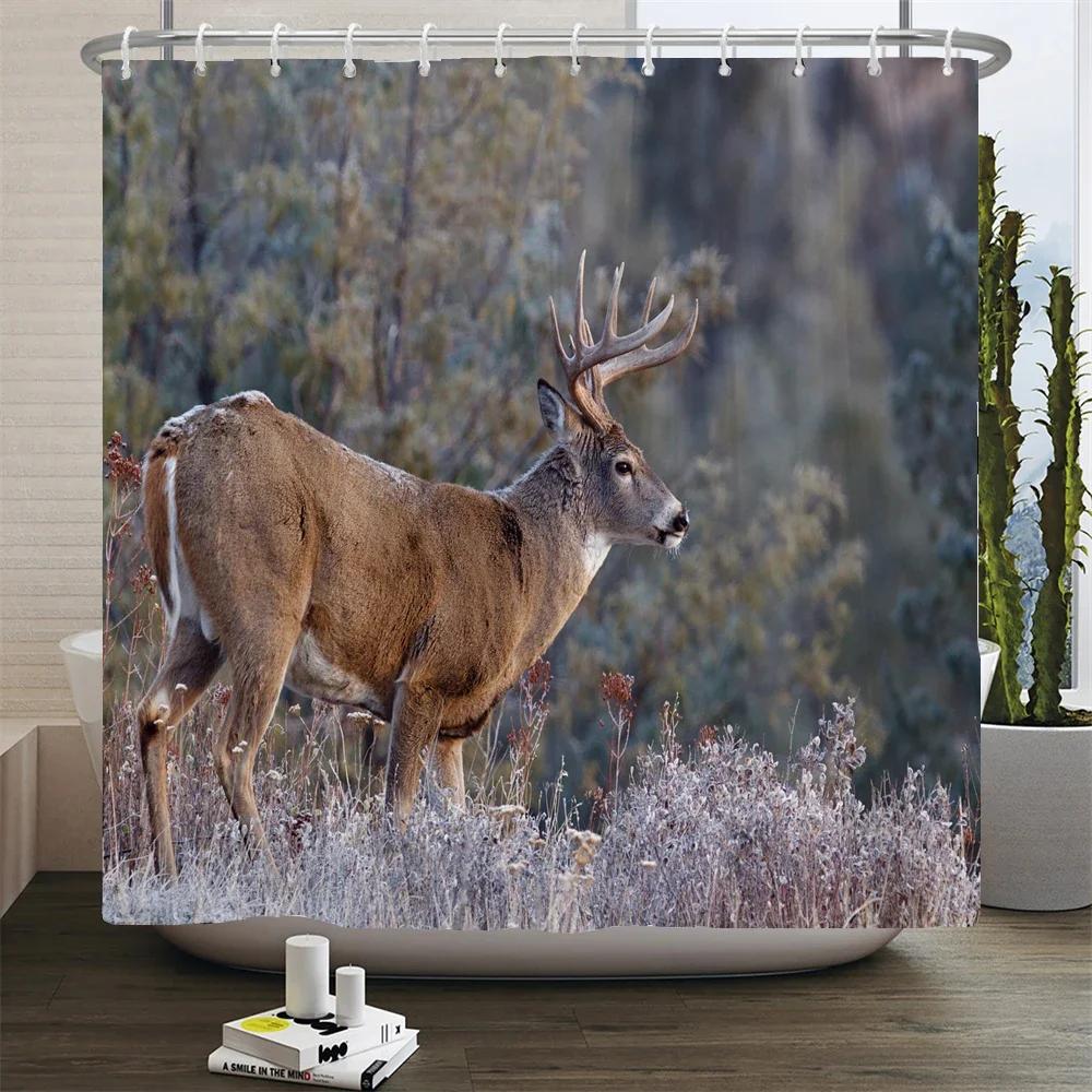 Deer Bathroom Shower Curtain Elk Highland Cow Peacock Forest Mountain Animal Polyester Hanging Curtains Home Bathroom Decor Set