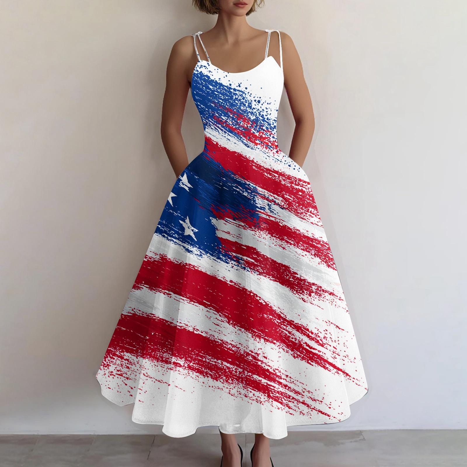 

Women s Casual Fashion Independence Day Print Off-Shoulder Sleeveless Dress XL білий