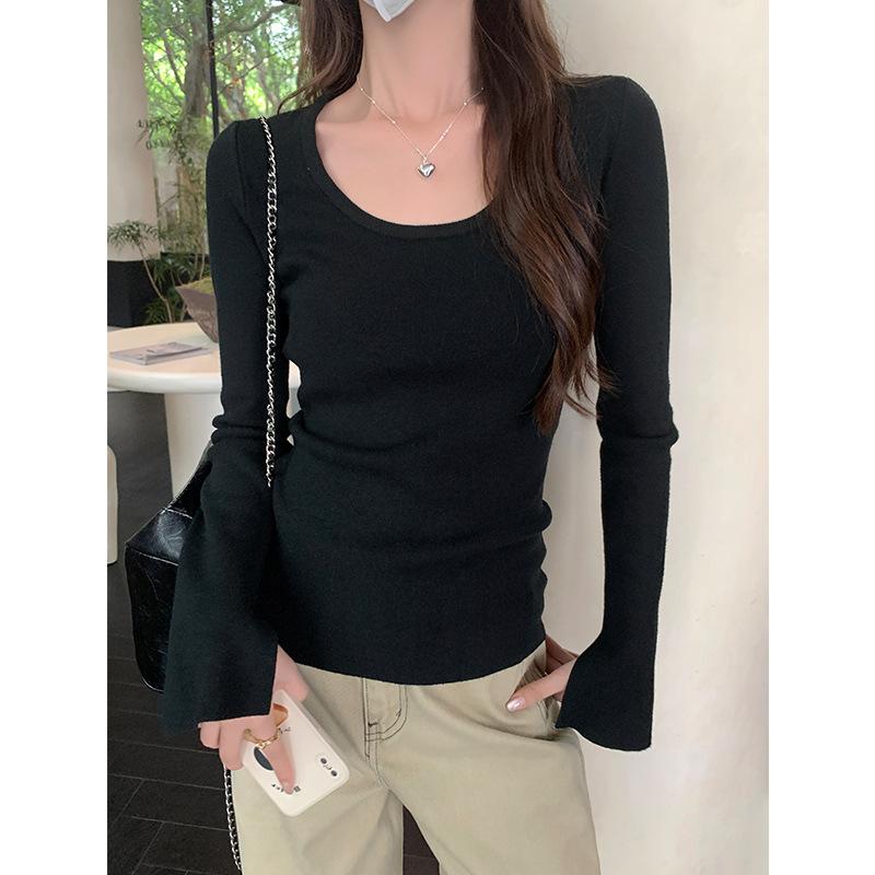 

Осень новый стиль серый низкий круглый вырез открытая ключица облегающий эластичный внутренний слой женский базовый свитер топ с длинными рукавами футболка One Size