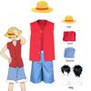 Tenue Cosplay Monkey D Luffy Costume Personnage Anime Gilet Rouge Short Bleu Chapeau de Paille Perruque Costume Complet Vêtement pour Fête d'Halloween Carnaval