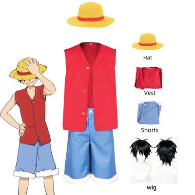 Monkey D Luffy Cosplay Outfit Anime Character Costume Red Vest Blue Shorts Straw Hat Wig Full Suit Halloween Carnival Party Wear