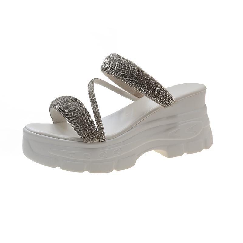 Dámské pantofle, letní nové, tlusté dno, kulatá hlava, otevřená špička, diamantové sandály, ležérní módní protiskluzové pantofle