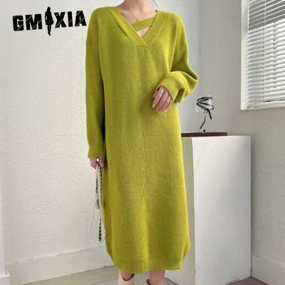 Women's Casual Big Size Knitted Dresses Autumn and Winter Loose Solid Colour Mid-Length Knee-length Sweater