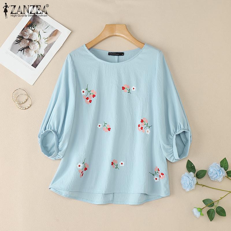 

ZANZEA Женская повседневная блузка с цветочным принтом, круглым вырезом и рукавами 3/4, свободного кроя 5XL синий