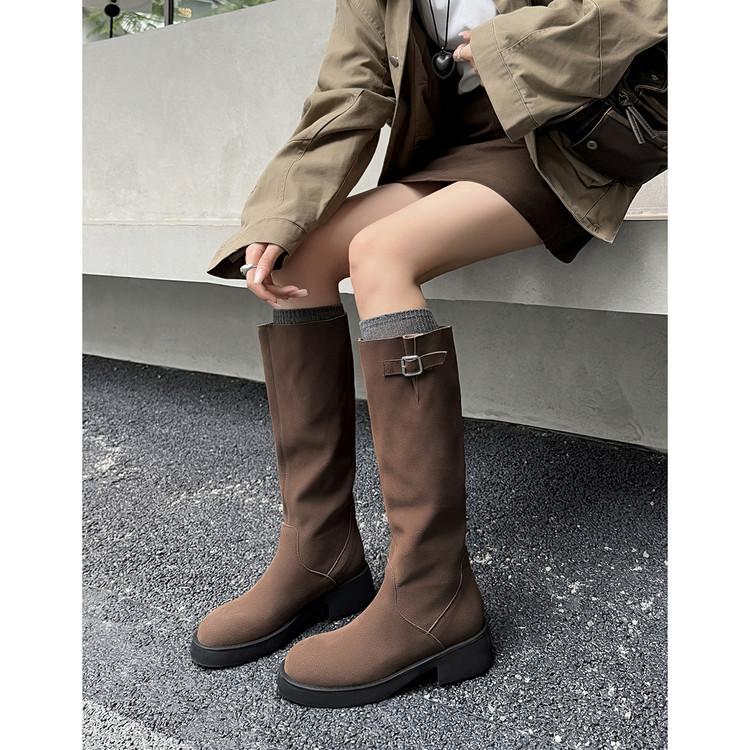 All cowhide but knee boots 2025 autumn and winter knight boots women's brown round head low heel sleeve high boots