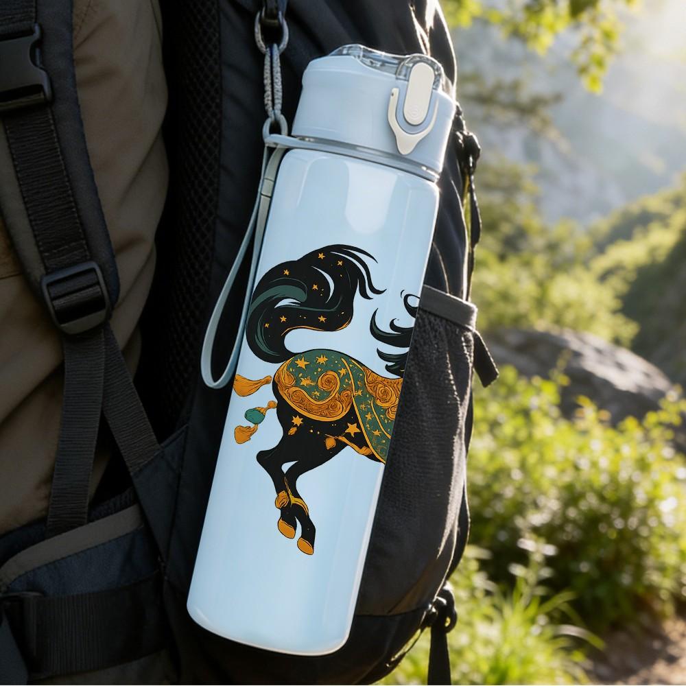 1PC Classic Black Horse Art 750ml Color Plastic Sports Water Bottle Leakproof Flip Straw Lid Suitable for Sports Office Home Use