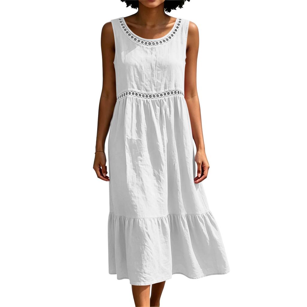 Women Sleeveless Crew Neck Cotton Linen Dress Hollow Out Lace Trim Midi Dress Summer Casual Loose Fit Solid Sundress