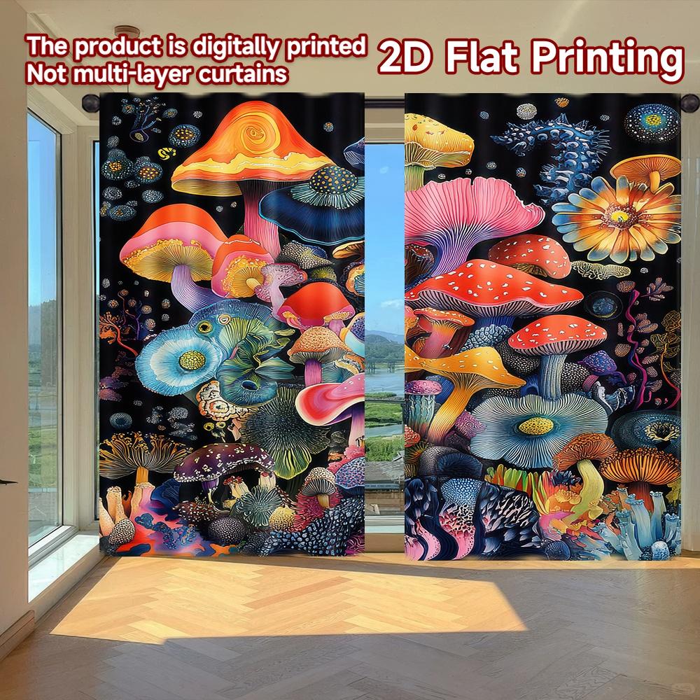 2D Flat Printing 2pcs Curtain Colorful Fantasy Mushrooms Digital Printed Polyester Drapes Festive Curta Use for Classroom