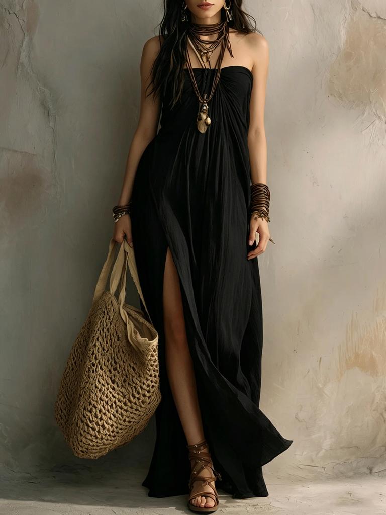 Vestido Maxi Boho Feminino Tomara-que-caia Tubinho Fenda Solto Casual Férias Longo de Praia