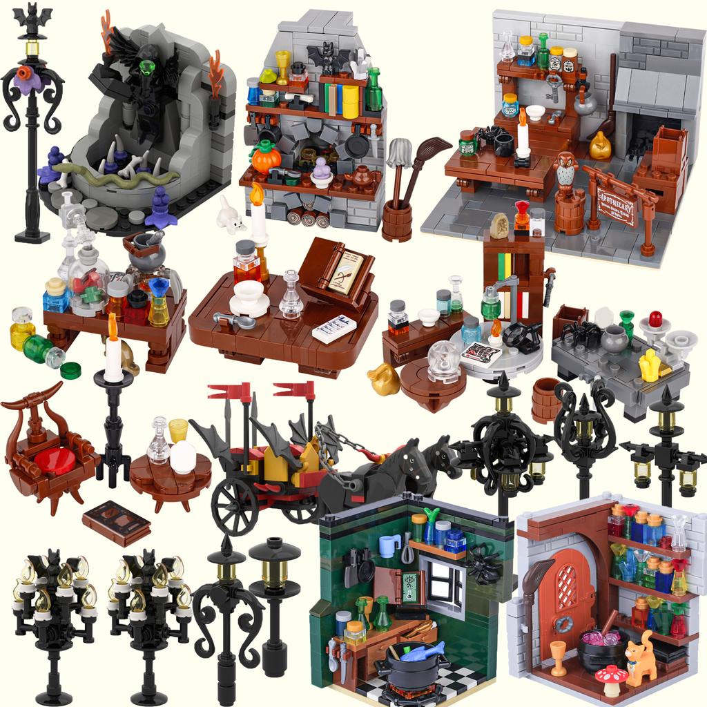 MOC Steine Mittelalter Alchemie Raum Küche Zauberer Trank Bausteine Teufelsquelle Schloss Straßenlaterne Hexen Figuren Szene Schädel
