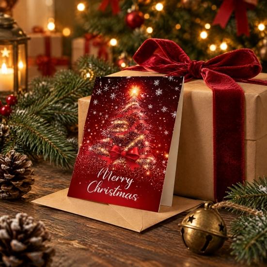 Christmas Greeting Cards for Relatives 6 Pcs Tree Cards, Merry Sparkly Festive Gift Holiday with Envelopes Winter, Xmas Party Supplies Winter Themed