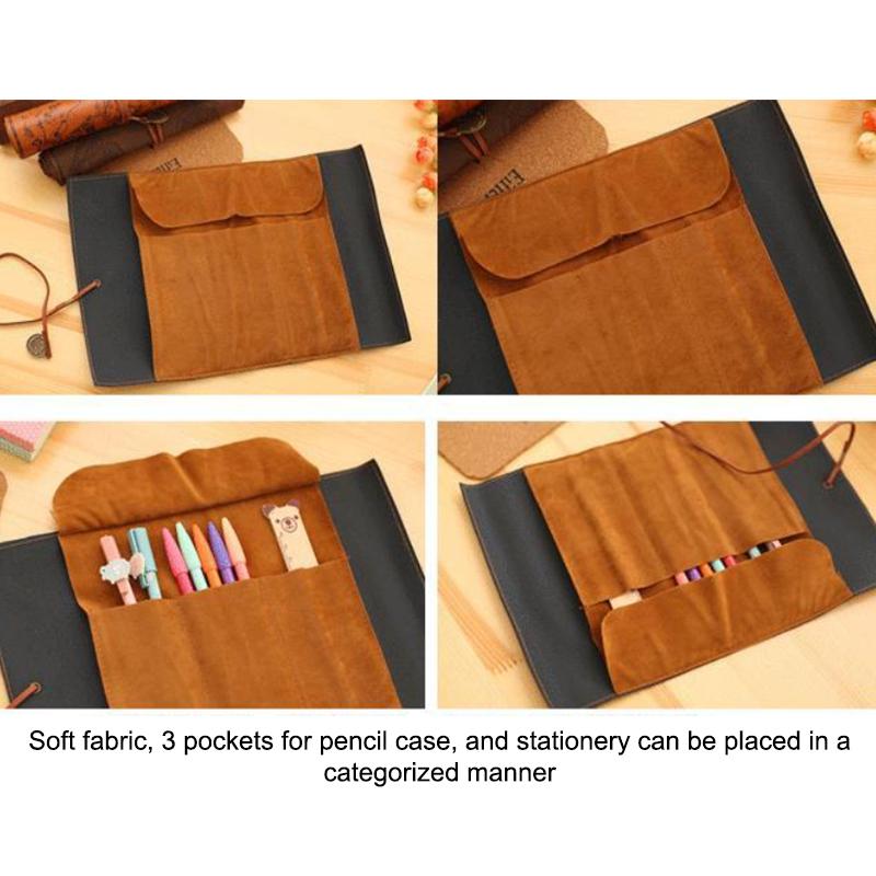 Leather Roll-Up Pouch W/ Embossed Buckle Vintage Treasure Map Pencil Case Large Capacity School Office Organizer